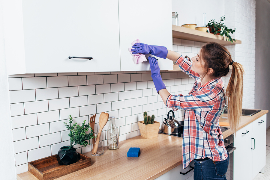 Woman cleaning kitchen in springtime
